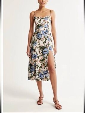 Abercrombie Satin Camille Midi Dress cream floral size LARGE TALL